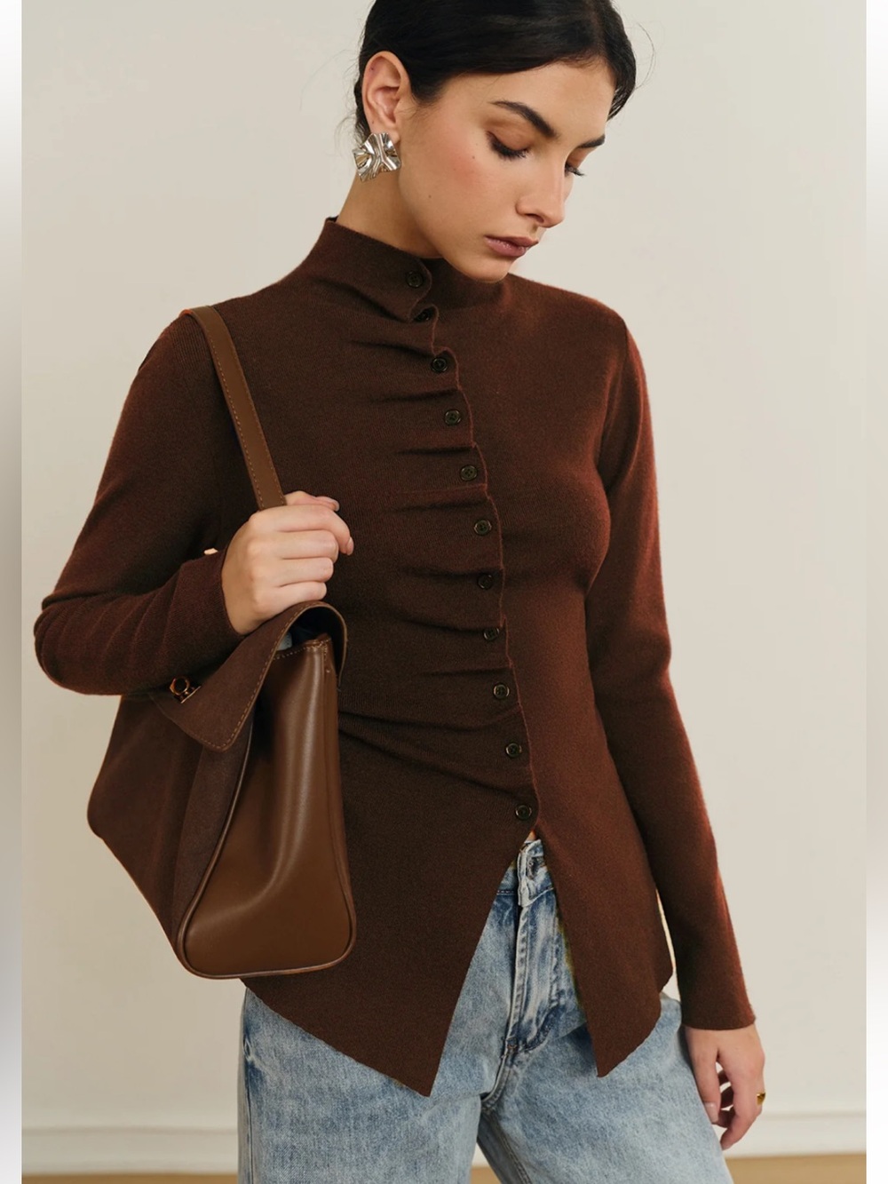 Commense Women’s Brown Button-Front Mock Neck Sweater